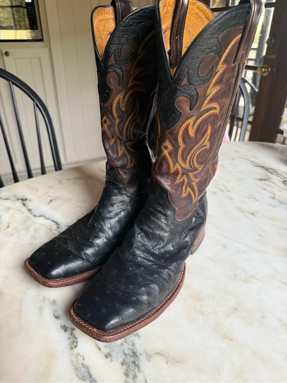 Justin Boots Black Ostrich 9D with Brown Embroidered Shaft Cowboy Boots